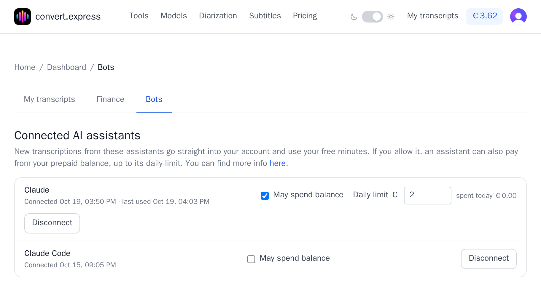 The Bots tab listing two connected assistants, Claude with "May spend balance" on and a €2 daily limit, and Claude Code with spending off, each with a Disconnect button