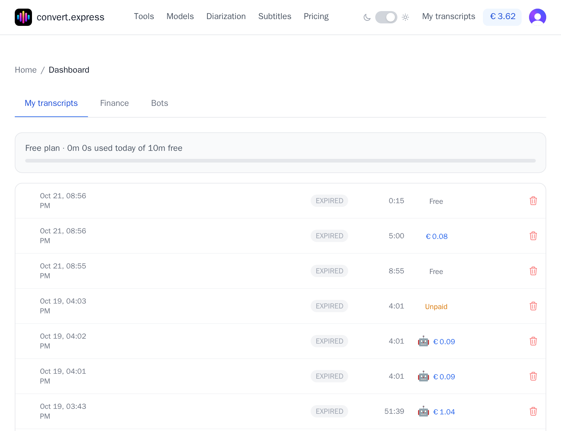 The My transcripts tab: the three dashboard tabs, a free-minutes bar showing today's use, and a list of jobs with status, length and how each was paid