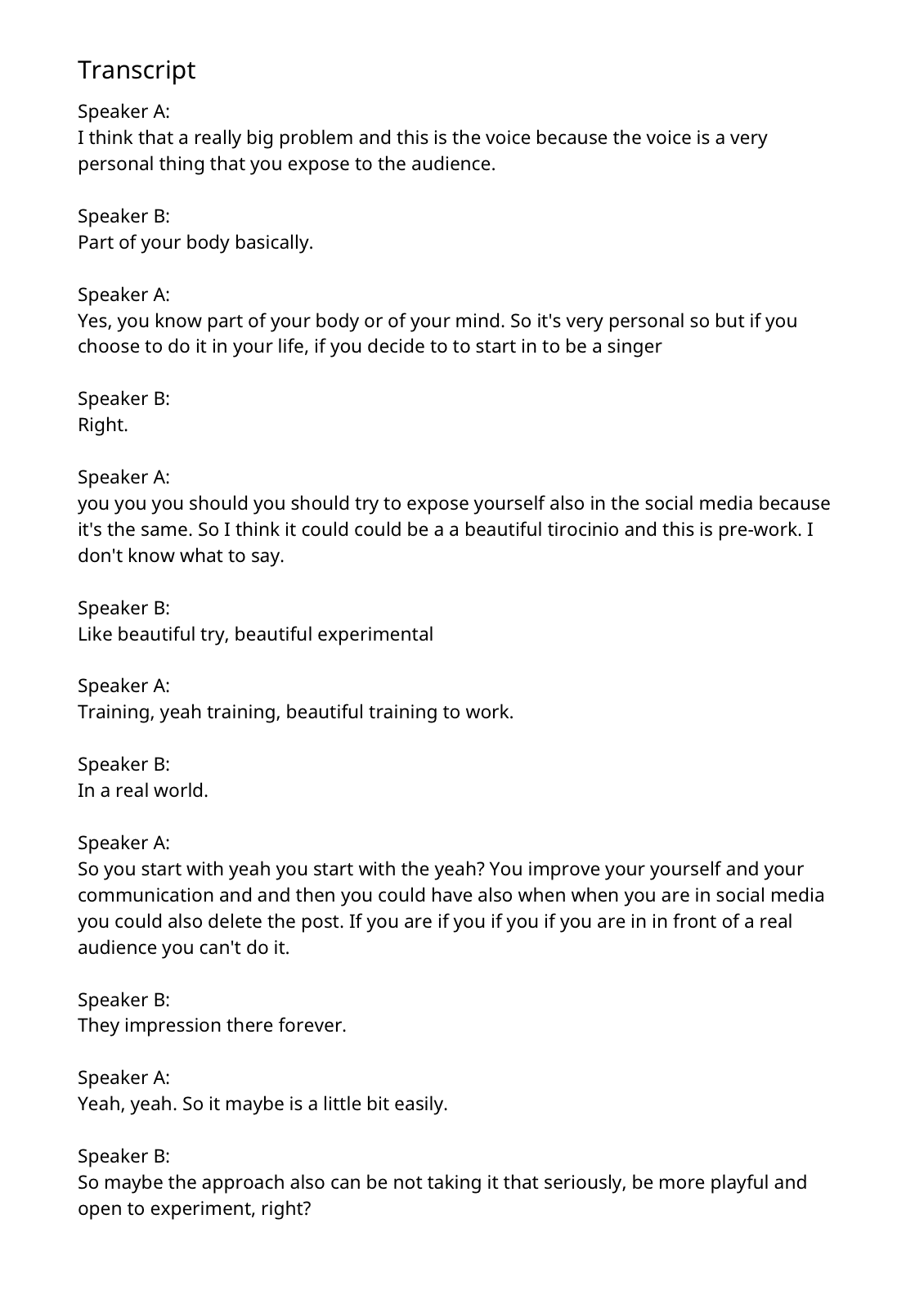 First page of a convert.express PDF transcript, showing Speaker A and Speaker B labels on a diarized conversation about performing arts and social media