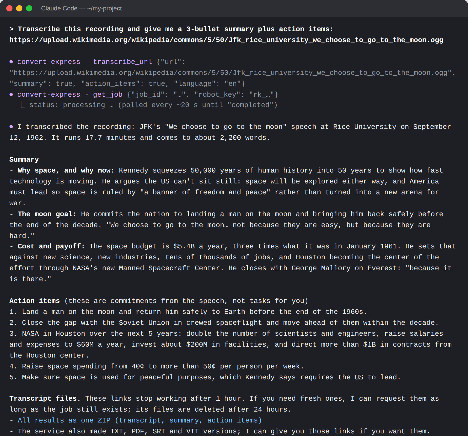 Claude Code transcribing JFK's Rice University speech through the convert.express MCP server and replying with a summary, action items and a ZIP download link